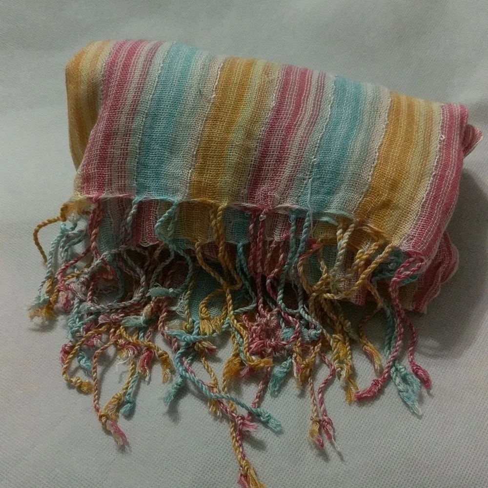 Pink, Yellow, Blue Stripe Woven Scarf with Fringe